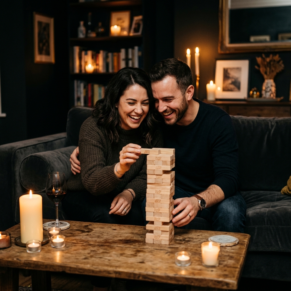 Couple laughing while playing Couple Jenga at home